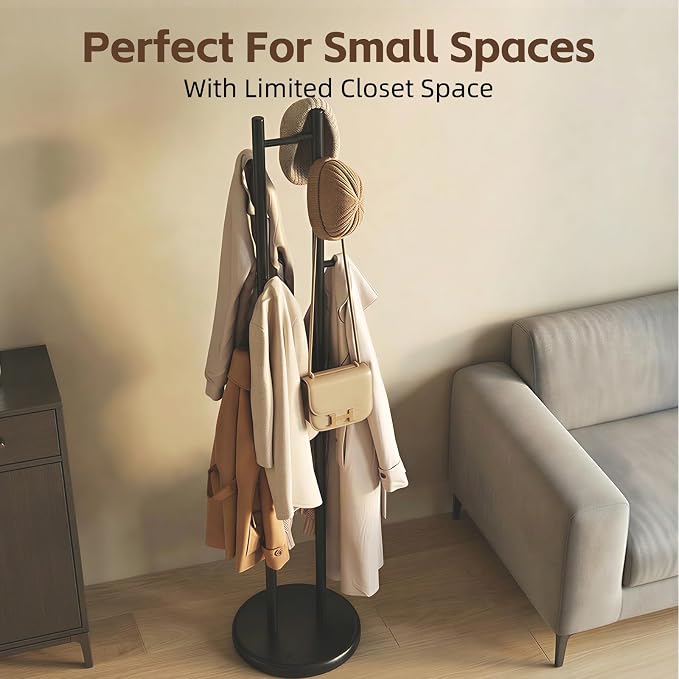 Uniclinens Wood Coat Rack Freestanding - Heavy Duty Freestanding Coat Rack, Wooden Coat Stand with 6 Hooks Creative Tree Branch-look for Entryway, Hallway, Bedroom (Black)