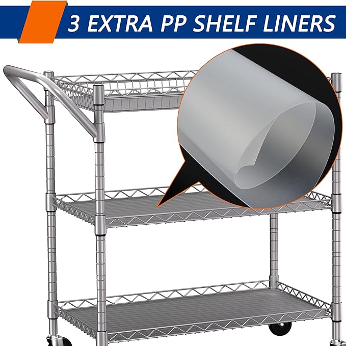 3 Tier Heavy Duty Rolling Utility Cart,18" D x 30" W x 36.6" H Rolling Carts with Wheels,Commercial Grade Metal with Handle Bar & Shelf Liner,Trolley Serving Storage Cart for Kitchen Silver
