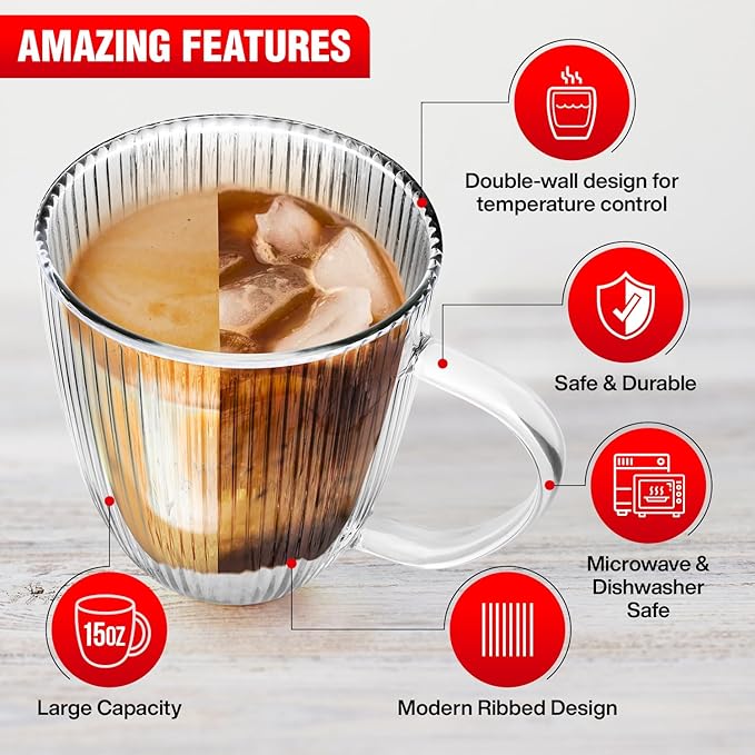 Jayour Fluted Double-Wall Glass Coffee Mugs | 15oz Latte & Cappuccino Mugs | Modern Ribbed Design - Set of 4