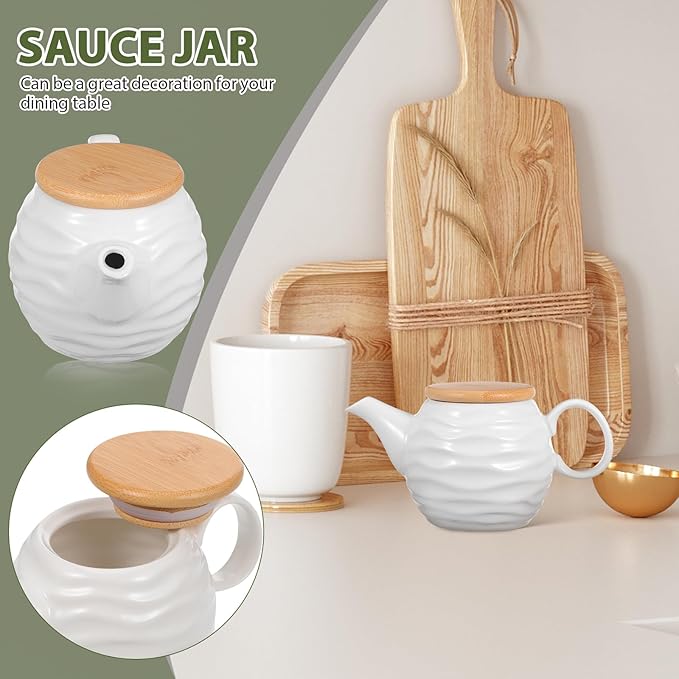 Luxshiny Milk Creamer Jug: 10.5oz Ceramic Sauce Dispenser, White Water Ripple Coffee Creamer Pitcher with Handle and Lid