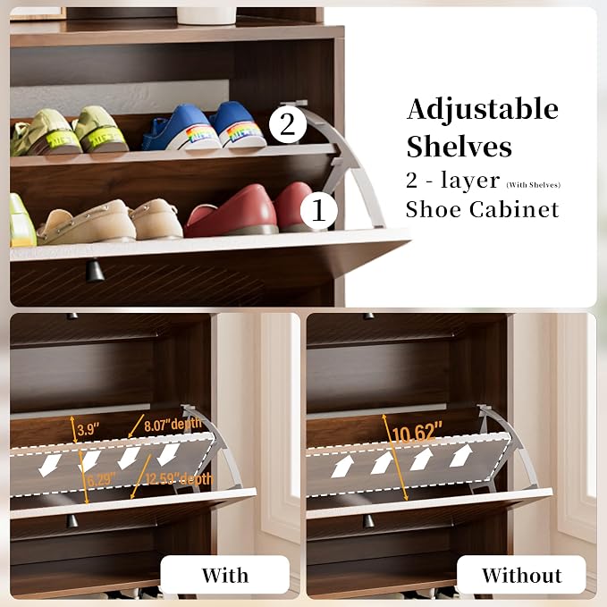 Fsbecl Shoe Cabinet for Entryway with 2 Flip Drawers & Coat Rack, Narrow Hidden Shoe Storage Cabinet with Fluted Panel, 2-in-1 Hall Tree Slim Freestanding Shoe Rack Organizer for Hallway, Walnut