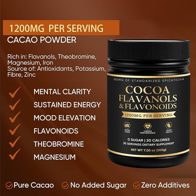 High Flavanol Cacao Powder, with 1200mg Flavanols & Epicatechin Blend for Supports Circulation, Energy Boost & Elevate Mood, Supports Heart Health & Brain Function, Gluten Free, Vegan, 200g