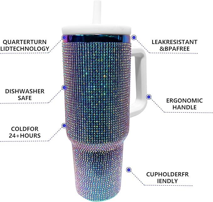 40-OZ Insulated Water Bottle,Insulated Stainless Steel Tumbler,Reusable Cold Drink Thermos,BPA-Free, Double-Wall Stainless Steel Water Bottle (Colorful-Diamond, 40, Fluid Ounces)