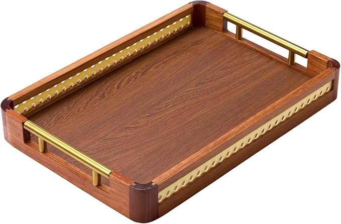 Acacia Wood Serving Tray with Handles, Decorative Wooden Tray for Ottoman, Coffee Table, Rectangular Tray Decor for Living Room, Bedroom, Kitchen, Breakfast in Bed