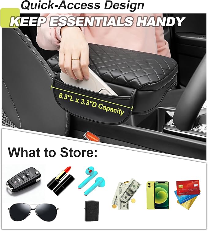 Center Console Armrest Cover for Kia Sportage 2023 2024 2025 2026 Accessories Arm Rest Lid Pad with Side Pockets, Black Faux Leather