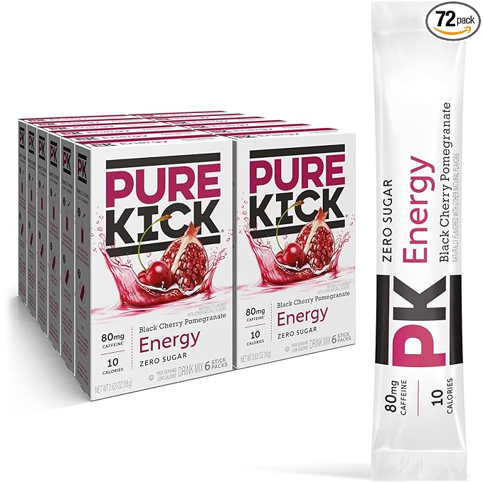 PURE KICK Energy Singles To Go Drink Mix, Black Cherry Pomegranate, Includes 12 Boxes with 6 Packets in each Box, 72 Total Packets