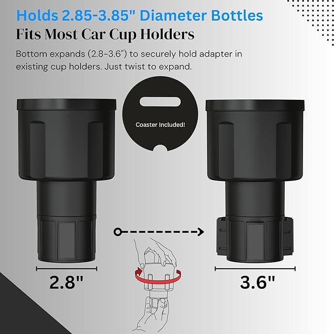 Car Cup Holder Expander Adapter for Large Water Bottles - [Patented & Upgraded] - Holds: Hydro-Flask, Yeti, Nalgene, Owala, 32-40oz - Adjustable Expandable Insert Extender - Universal
