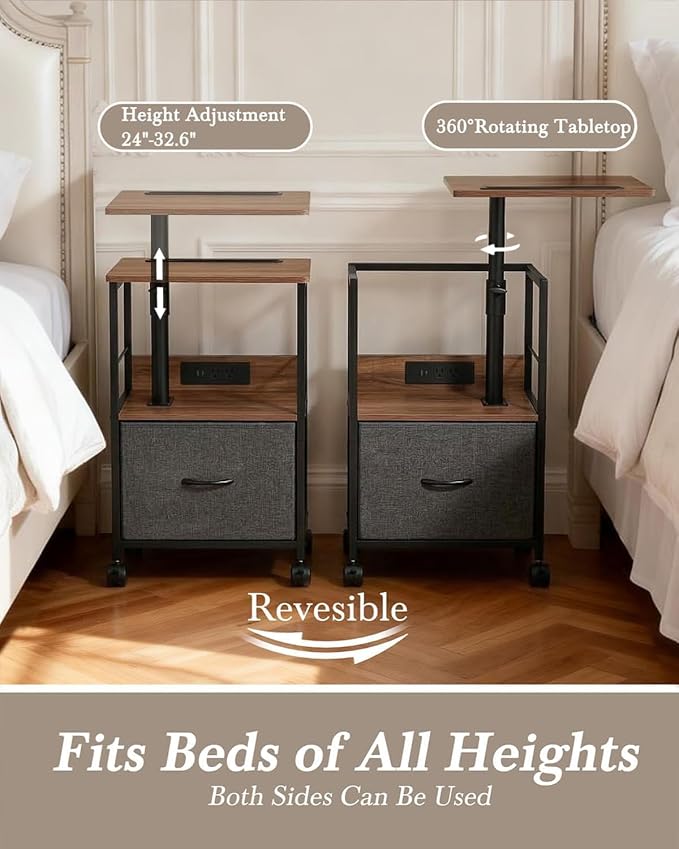 Faesun Swivel Lift Top Nightstand with Charging Station, Rolling Side Table for Recliner, Bedside Table with Wheels & a Fabric Drawer, for Small Spaces, for Bedroom, Living Room, Walnut Gray