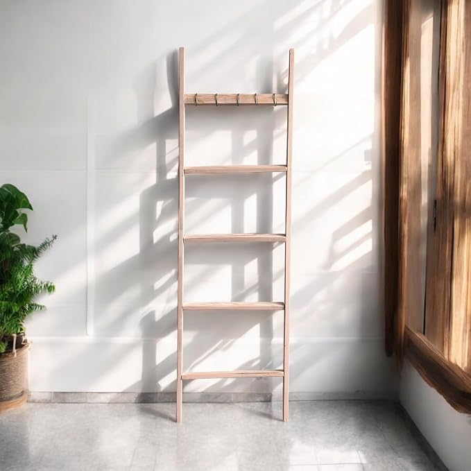 Emir&Odin Blanket Ladder – 5 Tier 60’’ inc Wooden Blanket Ladder, Living Room Home Decor, Wall Decorative Shelves, Livingroom Furniture (Rustic White)