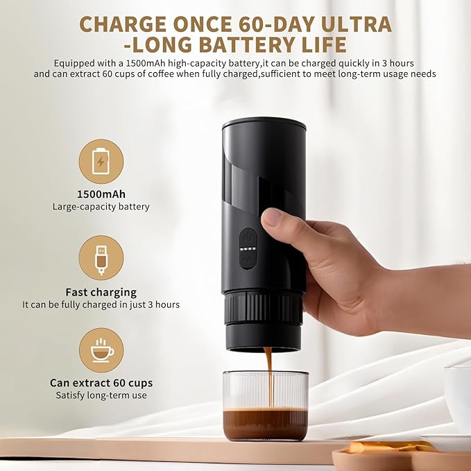 Portable Coffee Machine，Rechargeable Cafetière Portable de Voyage with USB-C, 20bar, Electric Coffee Maker for Camping & Travel, 3-in-1 Car Coffee Maker, Compatible with Coffee Grounds&Capsules
