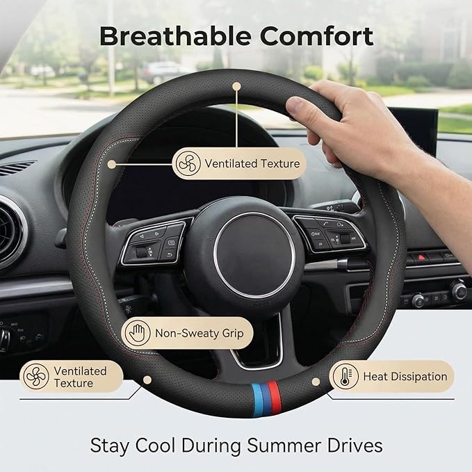 Leather Steering Wheel Cover for Chevy Silverado 1500 2500 3500, Colorado 14.5-15 inches Car Steering Wheel Cover, Black