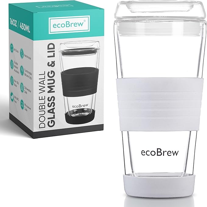 16oz Double Wall All Glass Tumbler with Lid, Dishwasher Safe & Microwavable Glass Travel Mug, Clear Coffee Tumbler To Go, Reusable Ceramic Cup for Hot & Cold Drinks