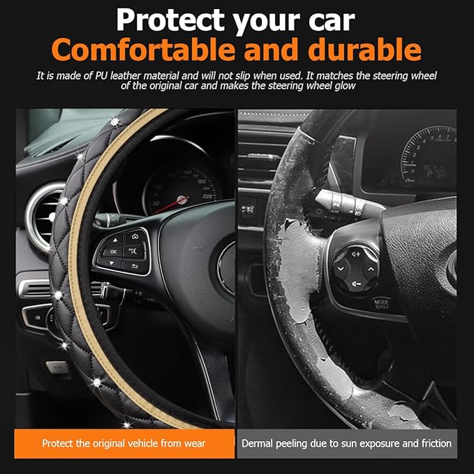 Bling Car Steering Wheel Cover, Rhinestones Elastic Leather Automotive Steering Wheel Protector, 15 Inch Sparkly Crystal Vehicle Interior Decor Accessories, Universal Fit (Beige)