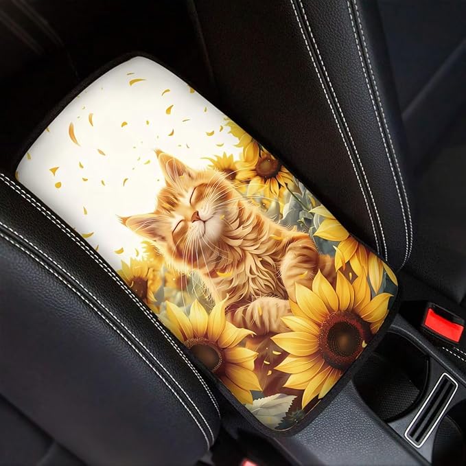 Floral Cat Car Center Console Cushion Pad Decorative Cute Armrest Box Cover Center Console Pad Non Slip SUV Vehicle Automotive Interior Decoration for Women