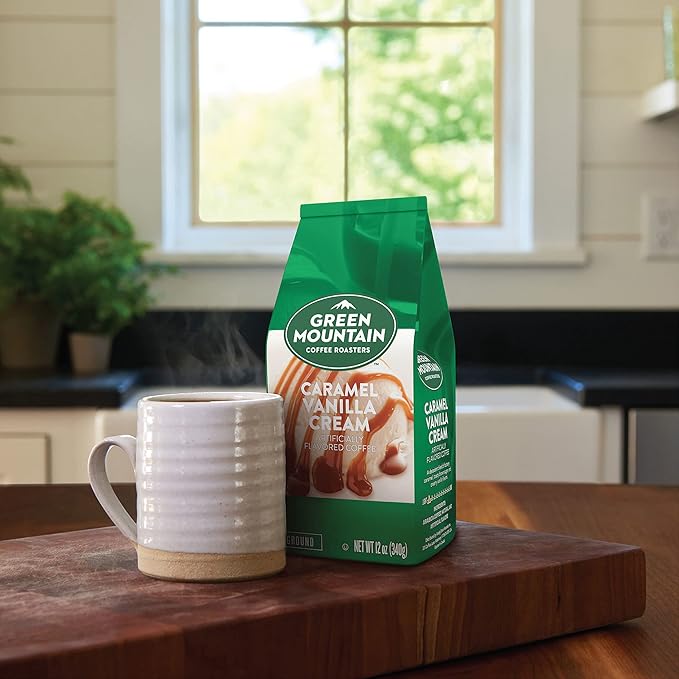 Green Mountain Coffee Roasters, Caramel Vanilla Cream, Ground Flavored Coffee, Light Roast, Bagged 12oz.