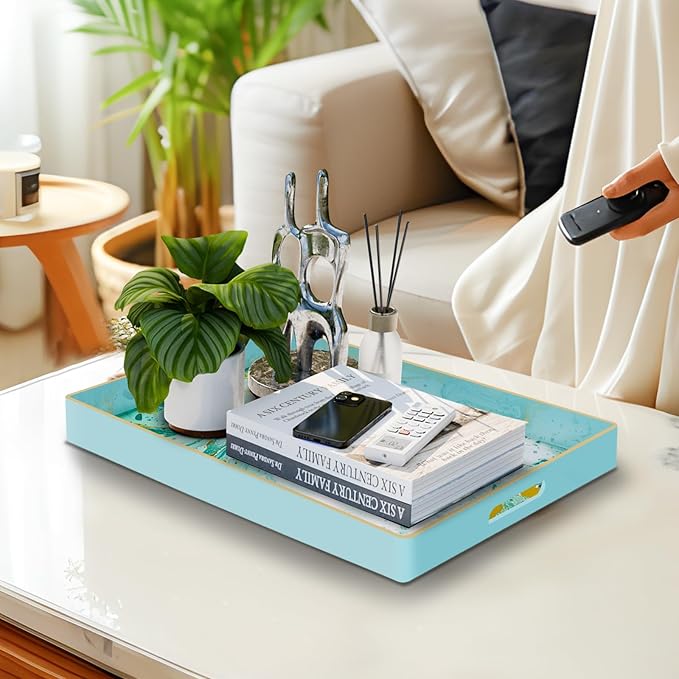 MAONAME Turquoise Serving Tray with Handles, Plastic Decorative Tray for Coffee Table, Marbling Rectangular Tray for Bathroom, Ottoman, Storage, 15.7" Lx 10.2" W X 1.57" H