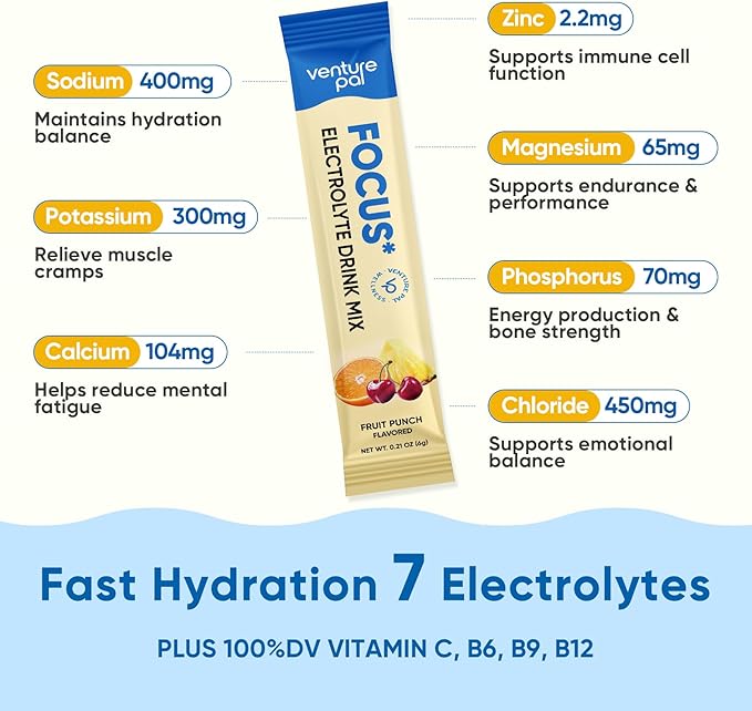 Venture Pal 2-in-1 Hydration Packets + Focus Support Electrolytes Powder, 7 Electrolytes + Vitamins, Magnesium, Lion's Mane & L-Theanine | Sugar Free Liquid Daily IV Drink Mix, Vegan, Keto, 16 Sticks