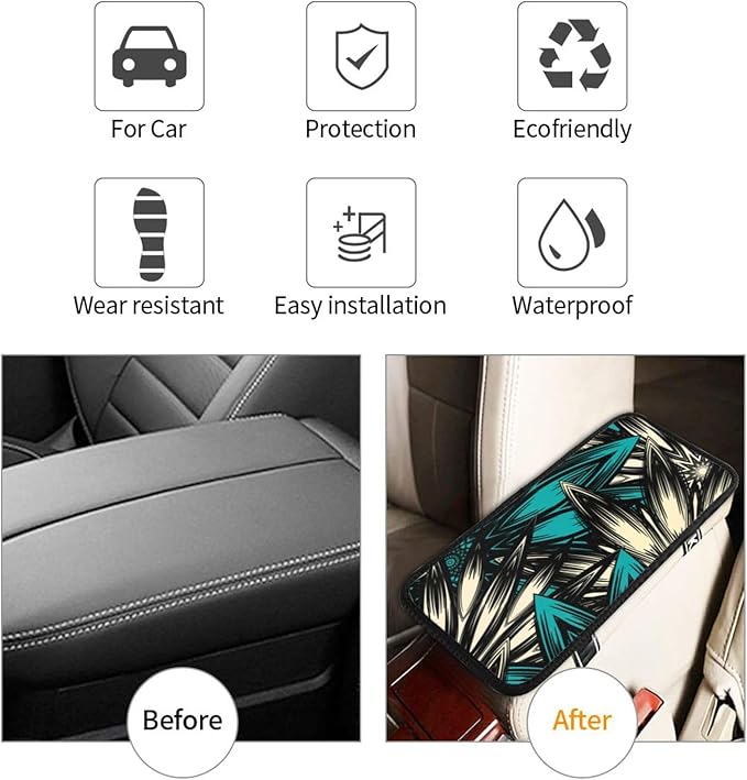 Vintage Boho Flowers Teal Green Floral Car Center Console Cover Car Armrest Cushion Waterproof Middle Console Cover Car Arm Rest Cover Pad Comfortable Car Accessories Interior for SUV Sedan Truck