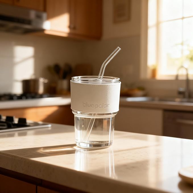 13 oz Tumbler Water Glass, Water Bottle with Straw and Dustproof Lid, Coffee Ice Cup Double Wall Insulated Glass Cup (White with Protect Sleeve)