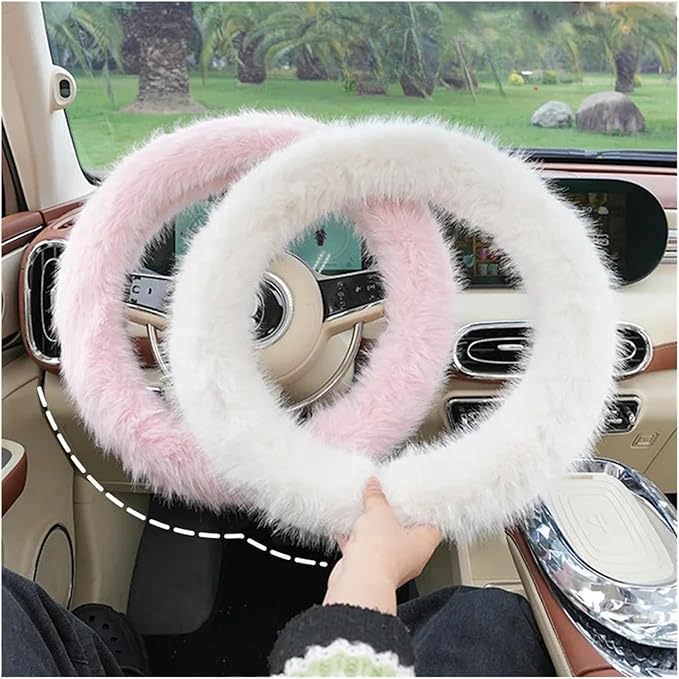 Car Steering Wheel Cover Handlebar Cover for Girls Winter Plush Warm Non-Slip Simple Women's Pink Handlebar Cover(Plush Simple Pink)