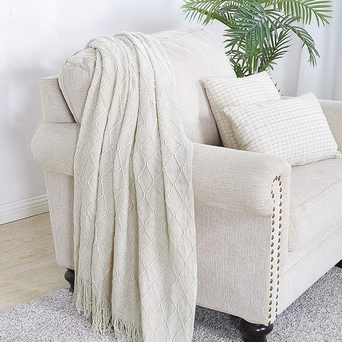 BOURINA Beige Throw Blanket 60x80 Inches Throw Textured Solid Soft Sofa Throw Couch Knitted Decorative Blanket