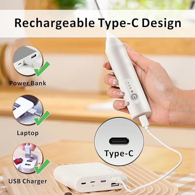 Rechargeable Milk Frother Handheld, USB-C Coffee Foam Maker with Stainless Steel Whisk ＆ 3 Speeds, Coffee Frother Electric Hand Drink Mixer Stirrer for Matcha, Hot Chocolate,Frappe,Powder Drink(White)