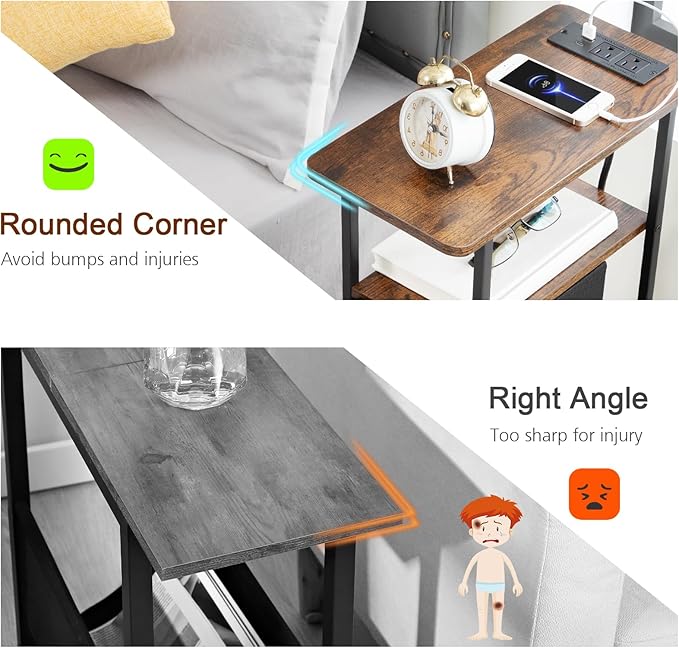 Narrow End Table Living Room with Charging Station, Skinny Side Table with Fabric Drawers, Slim Nightstand for Bedroom, Small Spaces, Couch, Brown, HETNDP02BR-1