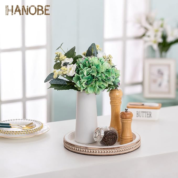 Hanobe Round Wooden Decorative Tray: White Washed Bead Tray Decor for Coffee Table Centerpiece Rustic Farmhouse Tray for Kitchen Counter Living Room Easter Decoration
