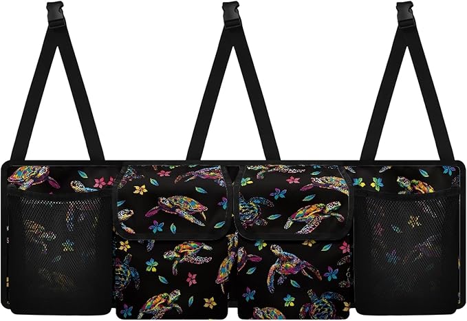 CLOHOMIN Colorful Sea Turtle Car Trunk Organizers for Women Flower Car Trunk Mesh Storage Large Capacity Backseat Hanging Organizer Fashion Cargo Storage Organizer with 4 Pockets
