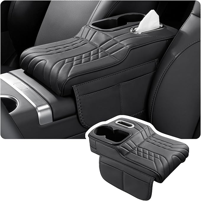 Car Armrest Storage Box for Infiniti QX60 2013–2025 2020 2021 2022 2023 2024, Sport-Style Center Console Organizer with Side Pocket, PU Leather Armrest Cushion, Elbow Support Pad,A Black