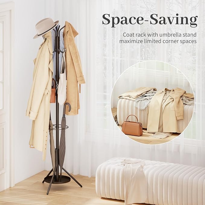 Kitsanery Coat Rack Freestanding,Metal Coat Tree with Umbrella Holder,Hat and Coat Rack Stand for Entryway, Hallway, Living Room, Bedroom (Brown)