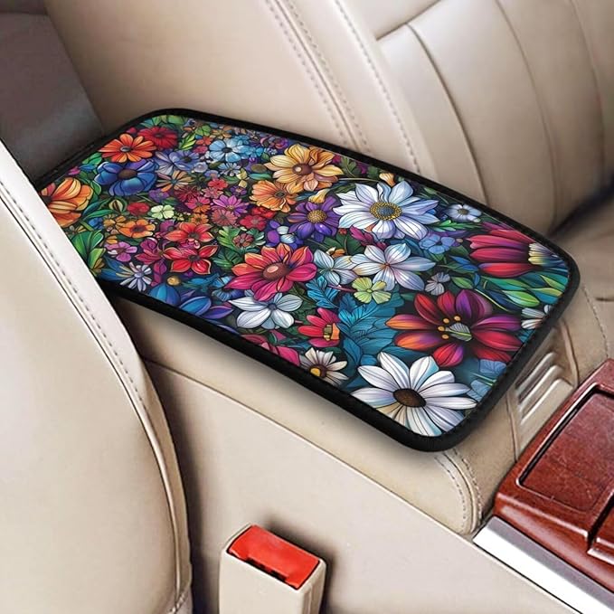 Car Center Console Pad Boho Flower Non-Slip Armrest Cover Floral Mandala Car Center Console Cushion Colorful Blossoms Flower Print Arm Rest Covers