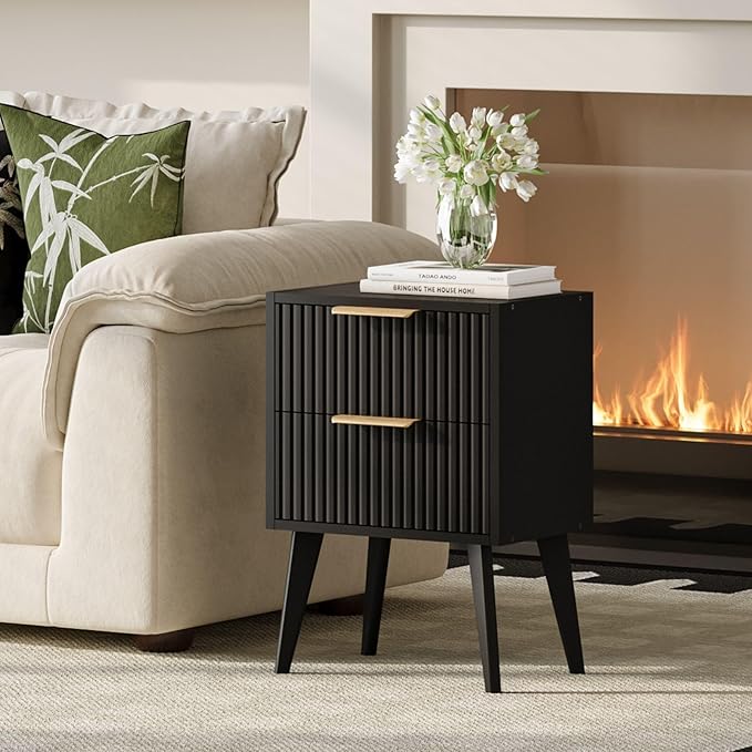 Small Black Night Stand,Modern Bedside Table, Nightstand with 2 Drawers,Fluted Side Table with Wood Legs,Mid Century End Table for Bedroom,Small Space,Black 11.8" D x 16" W x 22.4" H CTG55BK