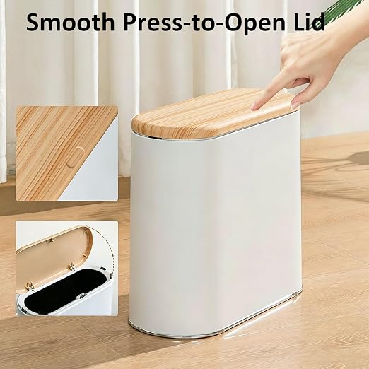 Small Bathroom Trash Can with Lid, 10L/2.6 Gal Slim Wastebasket - Odor & Pet Proof, Inner Bucket & Wood Grain Top, Plastic White Garbage Can for Kitchen, Bedroom, Living Room, Office, RV