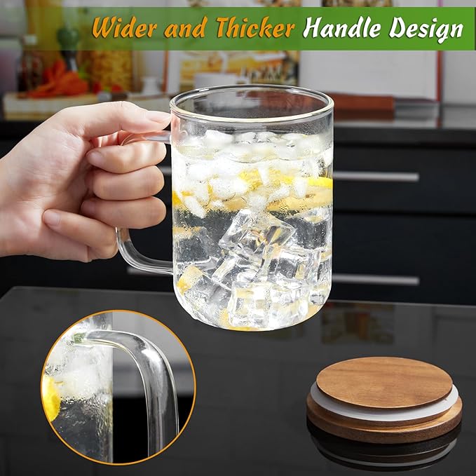 DRASTAR Glass Coffee Cups, 20 oz Large Coffee Mugs, Flat Bottomed Cups with Acacia Wood Lid, Glass Tea Cup with Handle, ClearTea Cup Set of 2