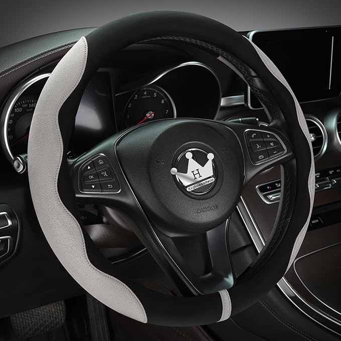 Luxury Suede Steering Wheel Cover for Cars, Soft Leather Padded Wheels Cover for F150, Trucks, Jeep, Van, Auto Thin Large Car Handle Cover, Universal Fit, Anti Slip, 15.2-16in, Gray