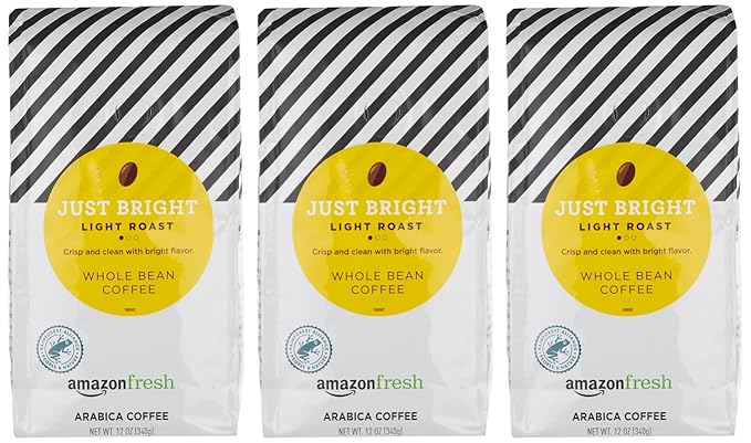 Amazon Fresh Just Bright Whole Bean Coffee, Light Roast, 12 Ounce (Pack of 3)