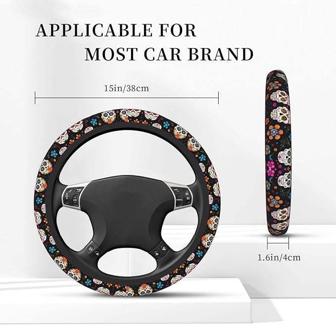 Flower Skull Pattern Neoprene Steering Wheel Covers Women Men Car Accessories, Universal 15 Inch Fit Auto, Suvs, Truck