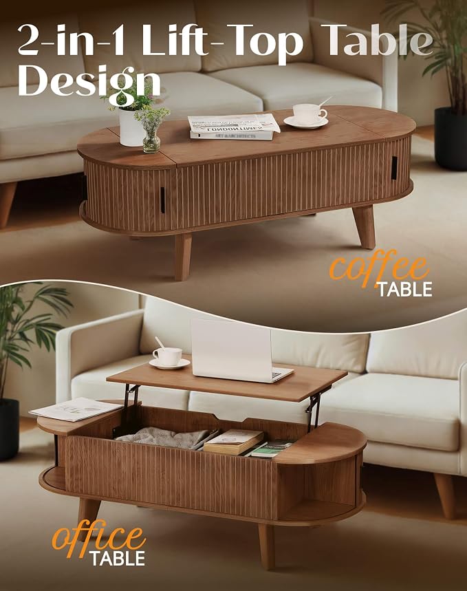 Oval Lift Top Coffee Table with Storage, 47.2" Mid Century Modern Living Room Center Table with 180° Sliding Tambour Door, Wood Fluted Coffee Table for Home Office, Walnut