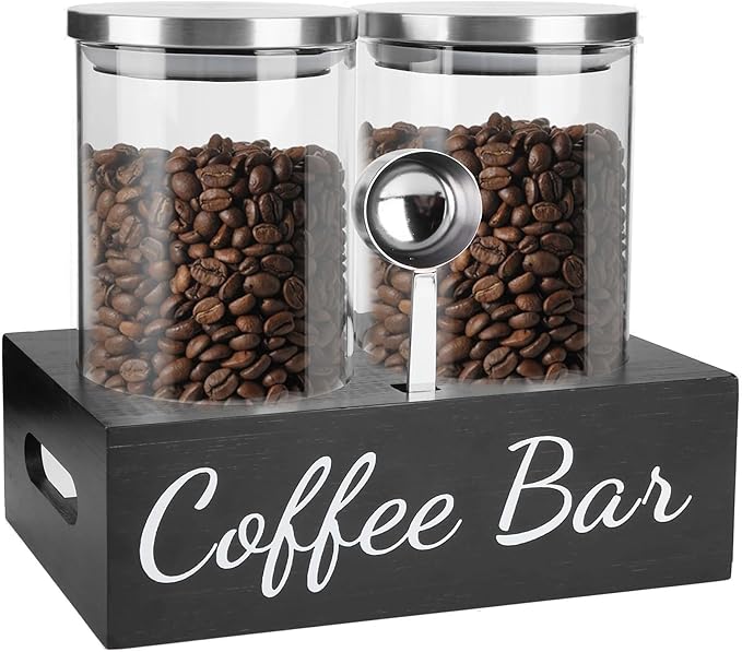 Airtight Coffee Bean Container Set - 2×50oz Glass Coffee Canisters with Scoop & Shelf, Clear Ground Coffee Storage Jars with Lids for Coffee Bar, Sugar, Tea, Nuts & Kitchen Countertop