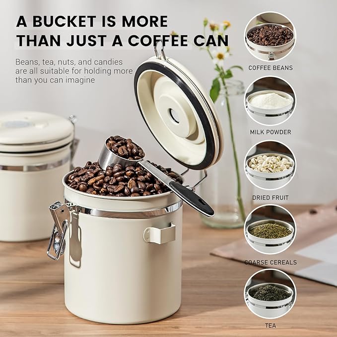 Airtight Coffee Container with Date Tracker & Spoon - Kitchen Storage Jar for Coffee Grounds, Cereal, Beans, Sugar (Silver, 16OZ)
