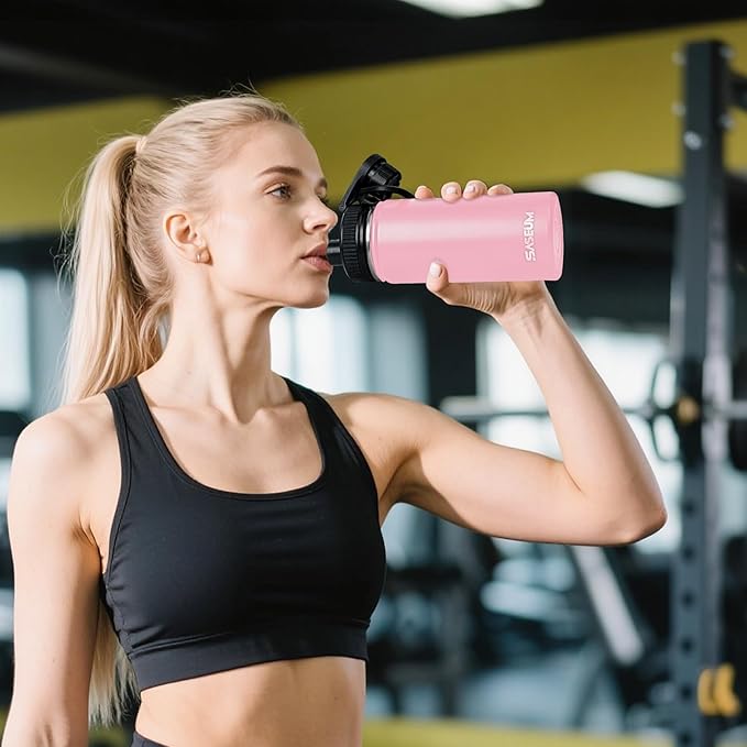 SASEUM Kids Sport Water Bottle 12oz Stainless Steel Double Wall Vacuum Thermal Mug with Leak Proof Spout Lids, Wide Mouth Metal Insulated Water Jug for Gym and Travel（Pink）