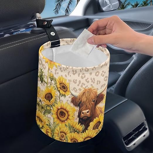Sunflower Highland Cattle Mini Car Trash Bin Car Garbage Can, Storage Bag Waterproof Multipurpose Vechile Organizer Car Accessories for Women Interior