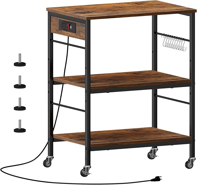 ETELI Bakers Rack with Power Outlet Microwave Stand Cart with Storage Coffee Station Table Cart on Wheels for Kitchen Living Room Bedroom, Rustic Brown