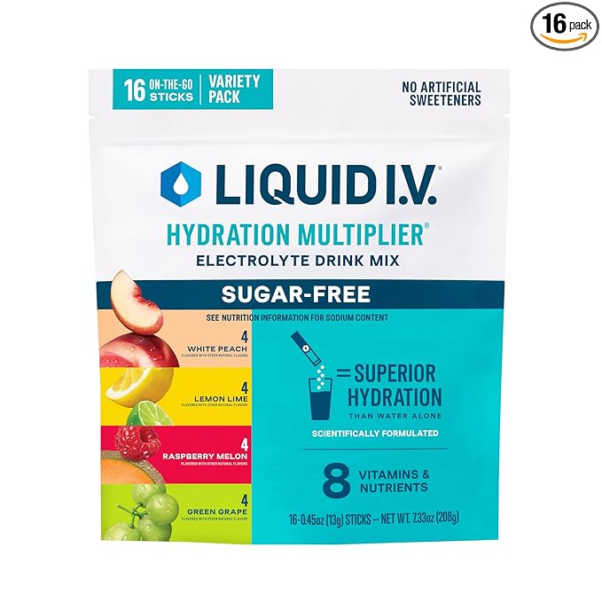Liquid I.V.® Hydration Multiplier Sugar-Free Variety Pack - Raspberry Melon, Lemon Lime, White Peach, Green Grape | Electrolyte Powder Drink Mix | 1 Pack (16 Servings)