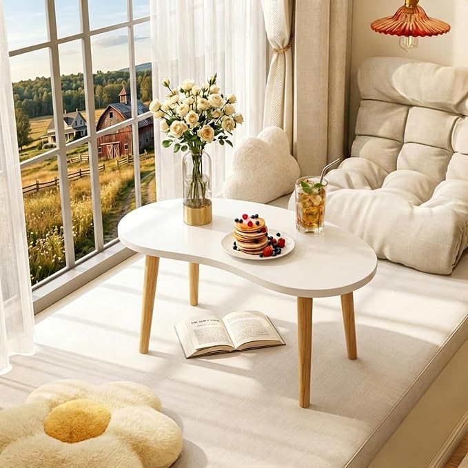 Mango Coffee Table Low Table with 4 Solid Wood Sturdy Legs,Floor Table Desk for Sitting on The Floor,19.7"D x 31.5"W x 16"H Inches,Living Room/Toy room Furniture,Rental house Furniture(White)