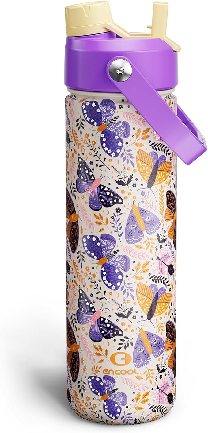 ENCOOL Insulated Water Bottle with Straw Stainless Steel Water Bottle, Leak-Proof, BPA-Free, Double Wall Vacuum Keeps Cold for 24 Hours for Sports, Travel, School (26 oz, Lavender Butterfly)