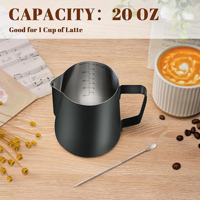 Milk Frothing Pitcher, 20oz Milk Frother Cup with Clear Scale, 304 Stainless Steel Cappuccino Espresso Machine Accessories for Barista Coffee Bar with Latte Art Pen, Black