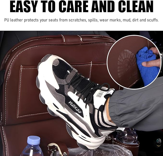 2PCS Car Seatback Organizer, Waterproof Leather Seat Back Storage with Cup Holder Tissue Holder Multiple Pockets, Back Seat Protector Kick Mats for Kids, Travel Accessories (Coffee)