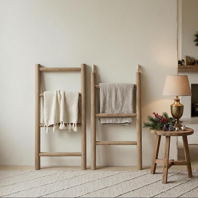 Wooden Blanket Ladder - 76in(7-Rung) Natural Wood Color- Leaning Wall Decor for Bedroom, Bathroom, Living Room - Rustic Quilt Holder (Brown (Knock Down), 76in(7-Rung) | Knock Down)
